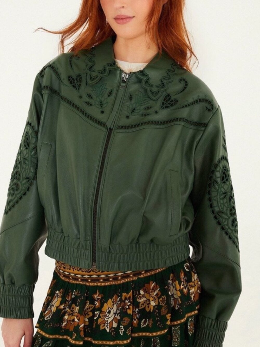 NWT FARM Rio Green 100% Leather Cutwork Embroidered Bomber Jacket Size S